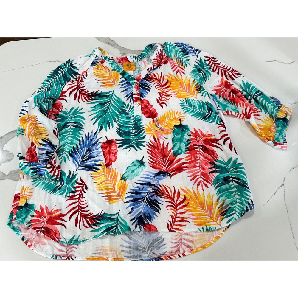 Ruby Rd Woman 2X Tropical Leaf Print Rayon Linen Button Neck Blouse Top Multi